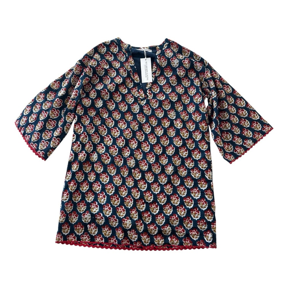 Mulberry King NWT Tunic Womens M/L Blue Floral Block Print Bell Sleeve Cotton